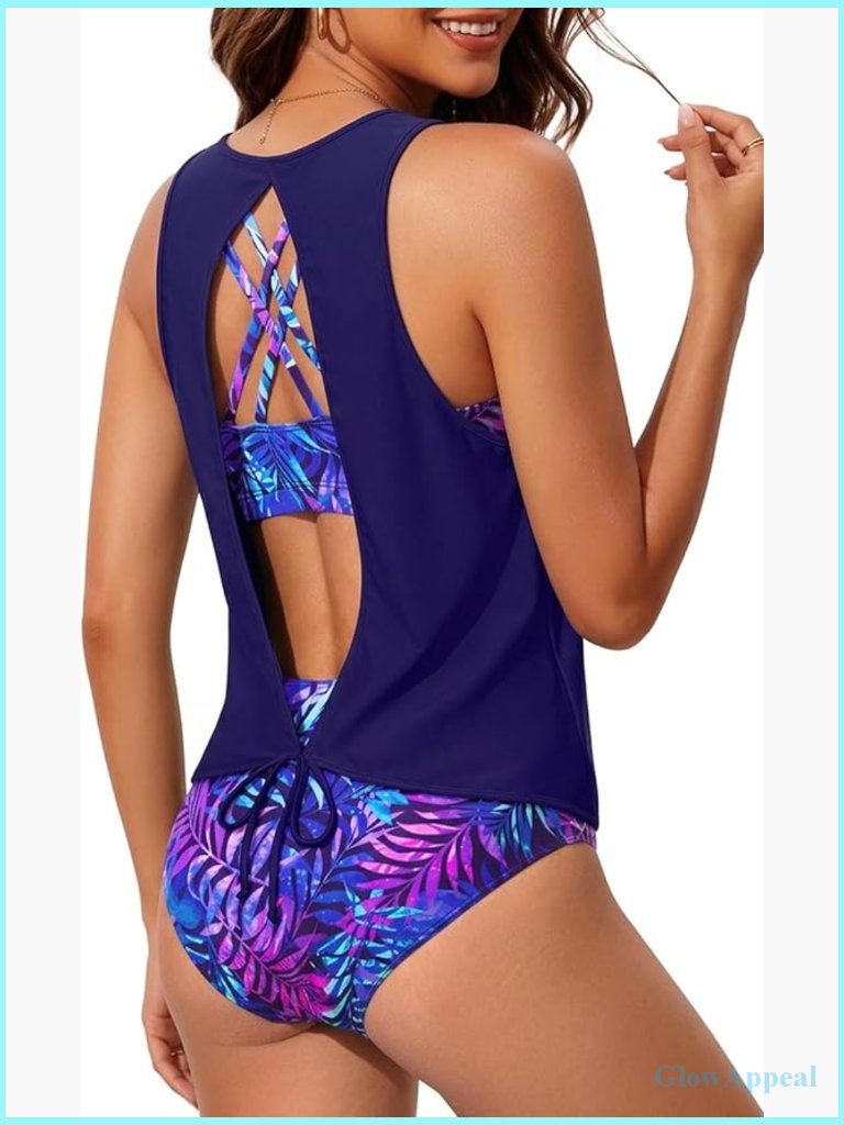 3 Piece Tankini Set Tummy Control High Rise Bathing Suit Criss Cross Sports Bra
